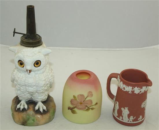 A  owl oil lamp base, a Wedgwood jasper jug and a Queens Burmese glass lamp shade